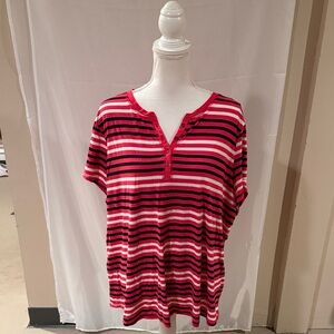 Pink,Black, Silver Striped Henley Top